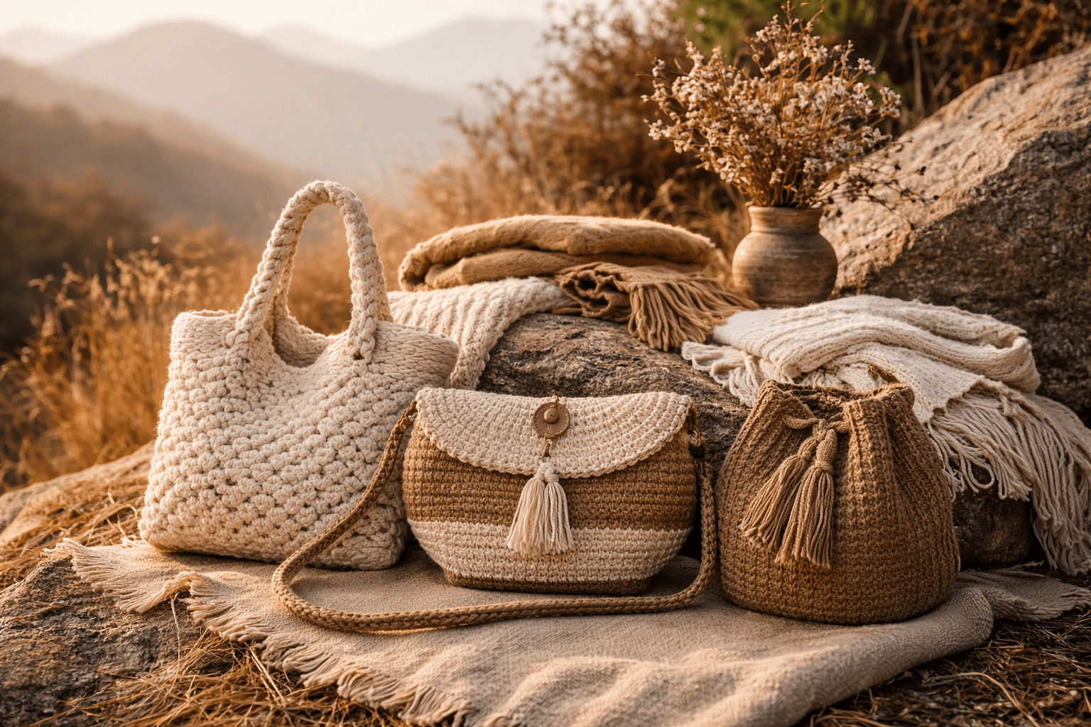 Soft natural-fiber knitwear and home textiles in warm, muted tones